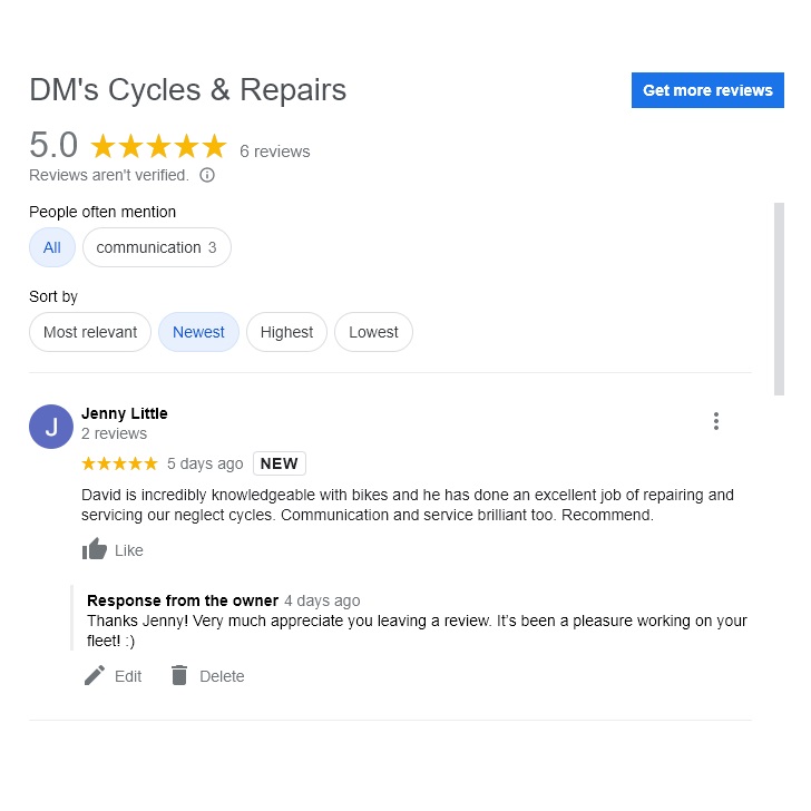 J Little 5 star DM's Cycles & Repairs Google business review