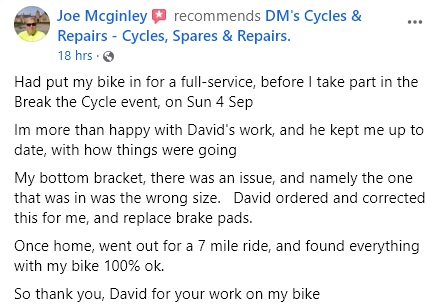 J McGinley Customer Facebook recommendation DM's Cycles & Repairs