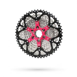 Twenty21 12 speed Shimano HG compatible cassette 11-50T silver rear view red body